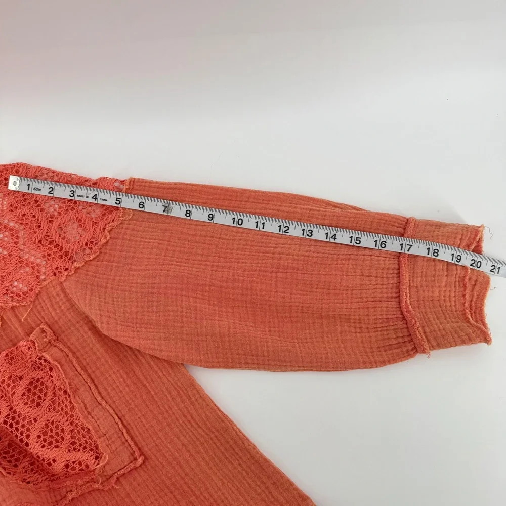 POL Coral Orange Gauze Crochet Lace Button Down Shirt Women Oversized Small Boho